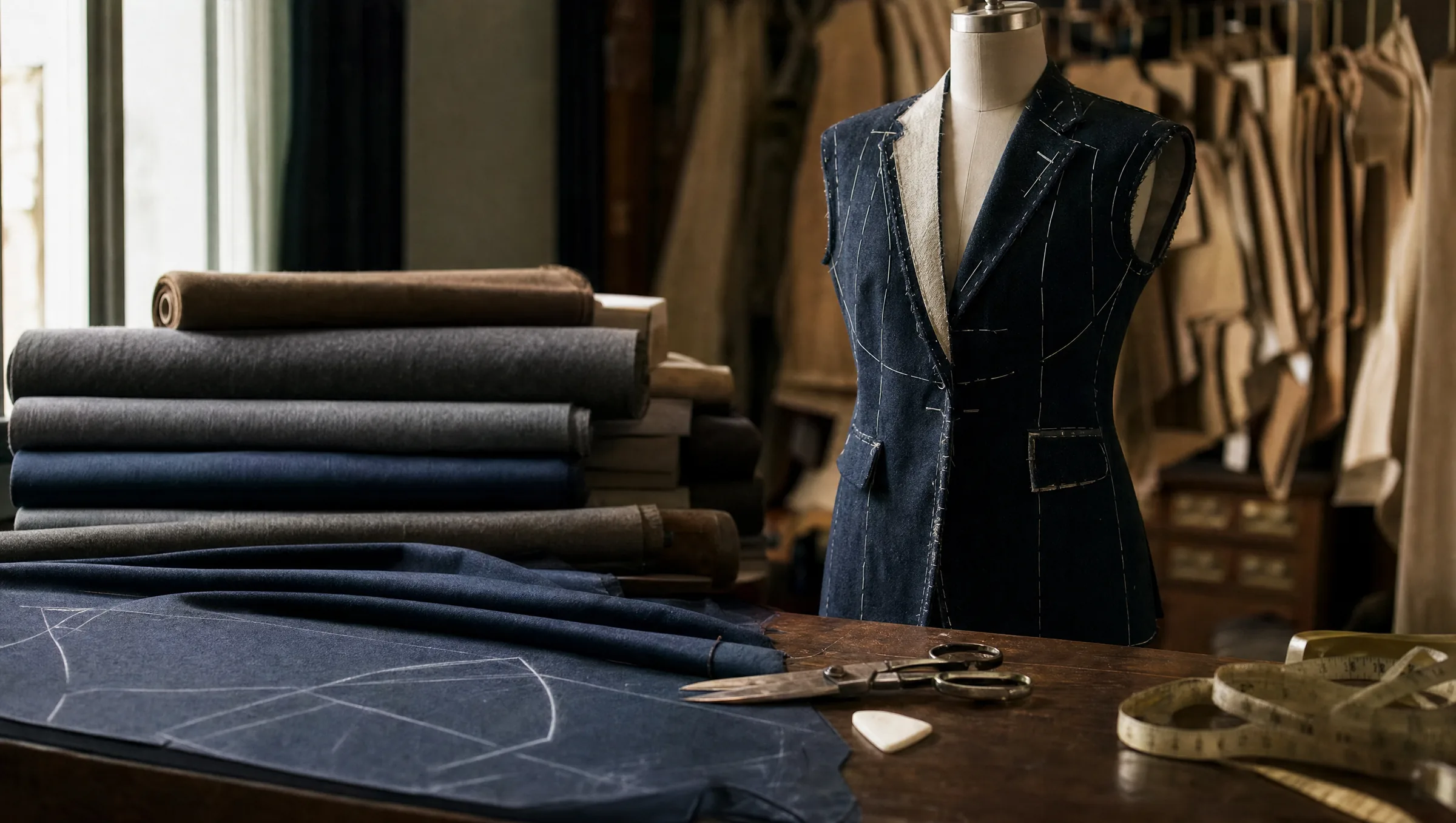 A tailor's atelier with bolts of wool and a jacket on a form